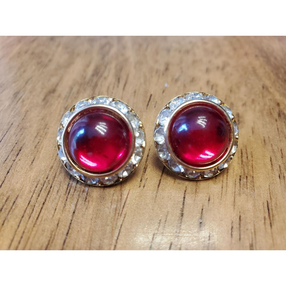 Vintage Victorian Red Glass Crystal Halo Stud Earrings | Gold Tone Statement Jew